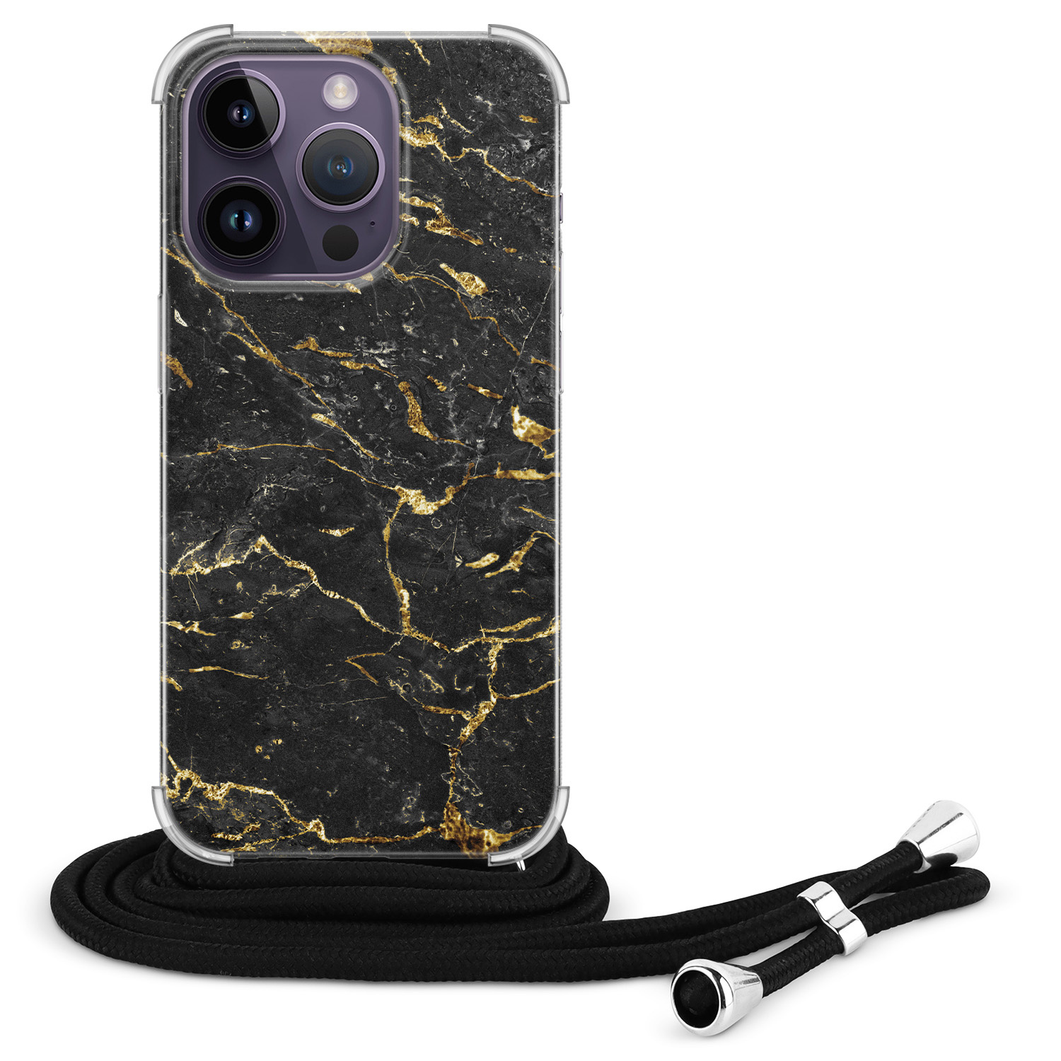 Leuke Telefoonhoesjes iPhone 14 Pro Max hoesje met koord - Marmer zwart goud