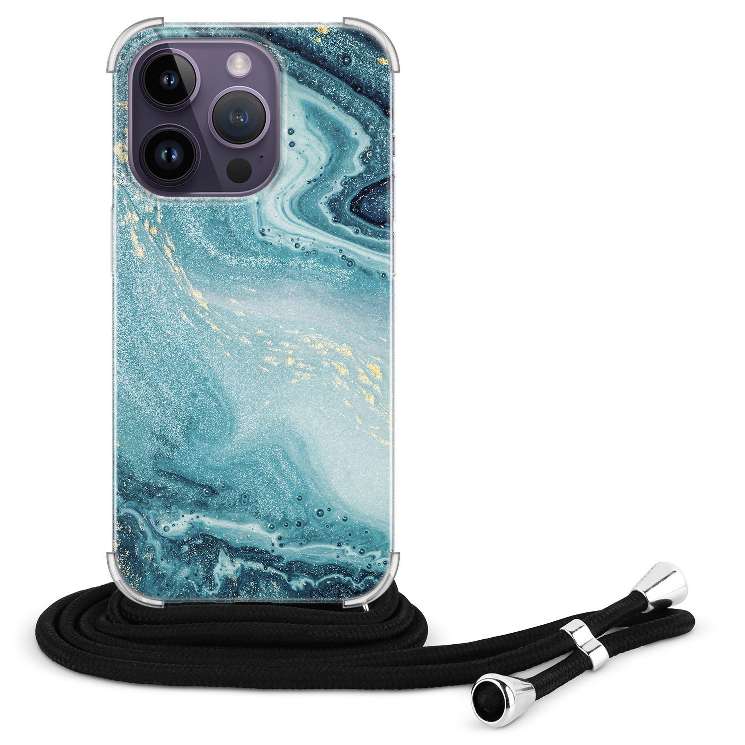 Leuke Telefoonhoesjes iPhone 14 Pro Max hoesje met koord - Marmer blauw