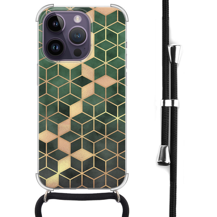 Leuke Telefoonhoesjes iPhone 14 Pro Max hoesje met koord - Green cubes