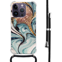 Leuke Telefoonhoesjes iPhone 14 Pro Max hoesje met koord - Marmer blauw swirl