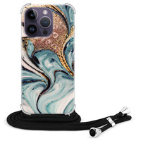 Leuke Telefoonhoesjes iPhone 14 Pro Max hoesje met koord - Marmer blauw swirl