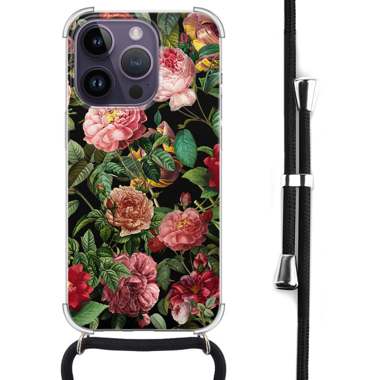 Leuke Telefoonhoesjes iPhone 14 Pro Max hoesje met koord - Rode bloemen