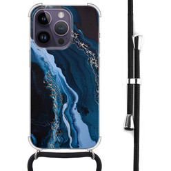 Leuke Telefoonhoesjes iPhone 14 Pro Max hoesje met koord - Marmer lagoon blauw