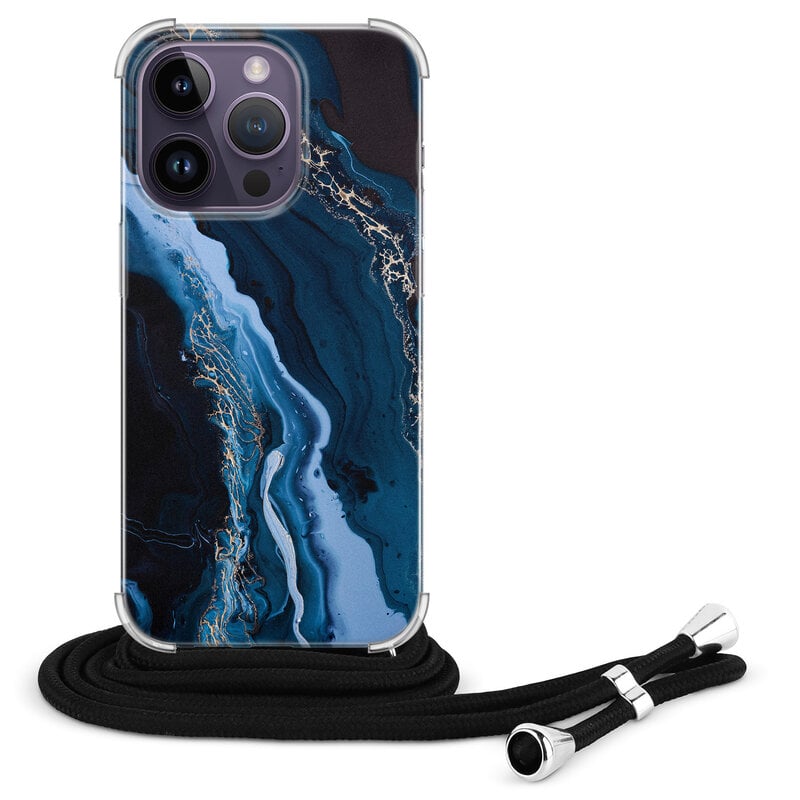 Leuke Telefoonhoesjes iPhone 14 Pro Max hoesje met koord - Marmer lagoon blauw