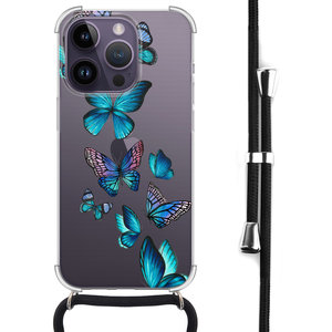 Leuke Telefoonhoesjes iPhone 14 Pro Max hoesje met koord - Vlinders blauw