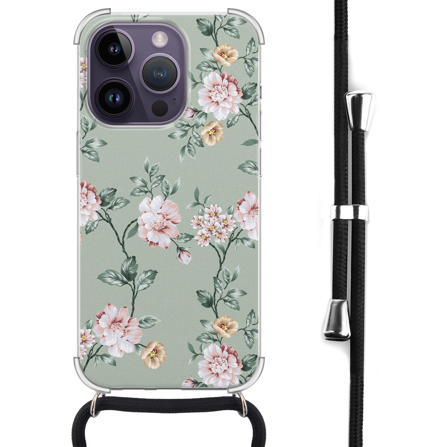 Leuke Telefoonhoesjes iPhone 14 Pro Max hoesje met koord - Bloemetjes