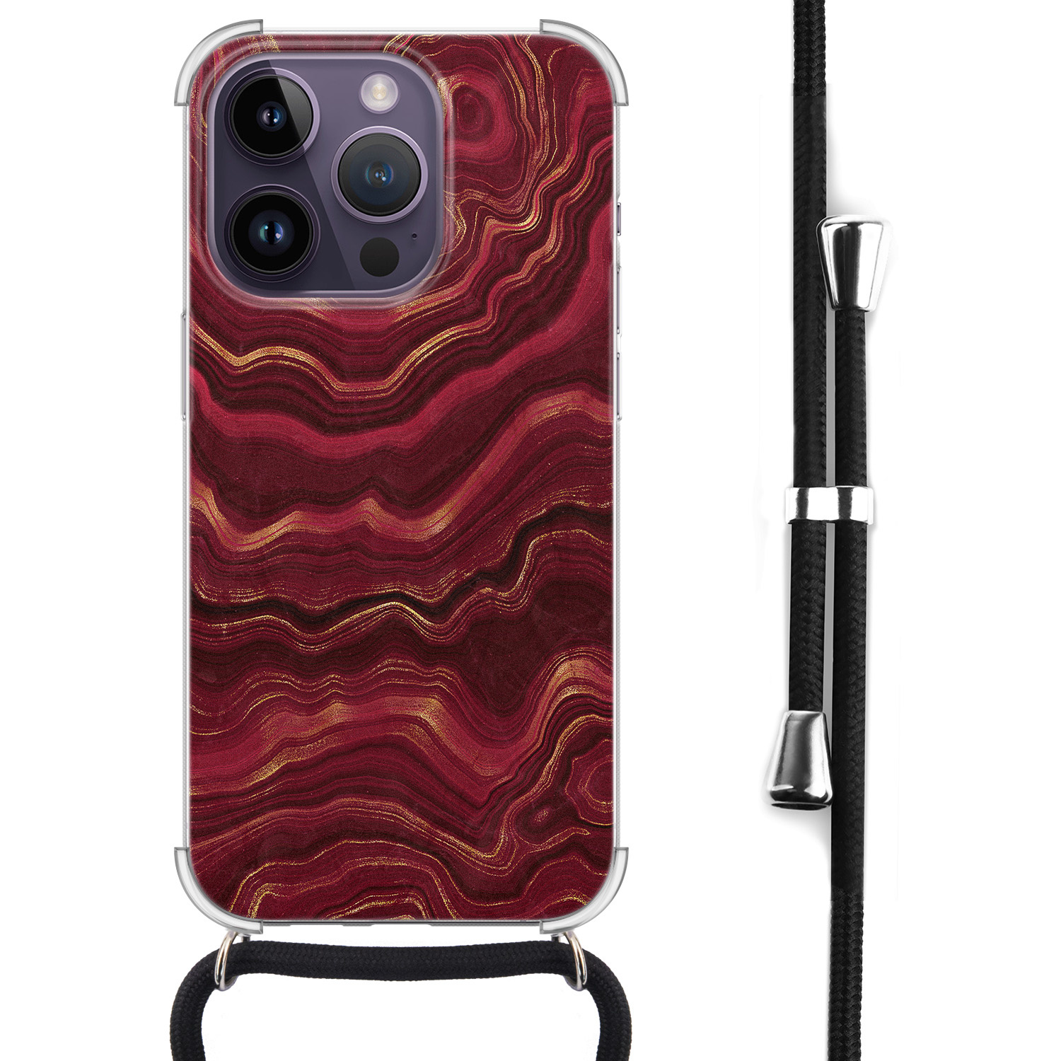 Leuke Telefoonhoesjes iPhone 14 Pro Max hoesje met koord - Marmer rood agate