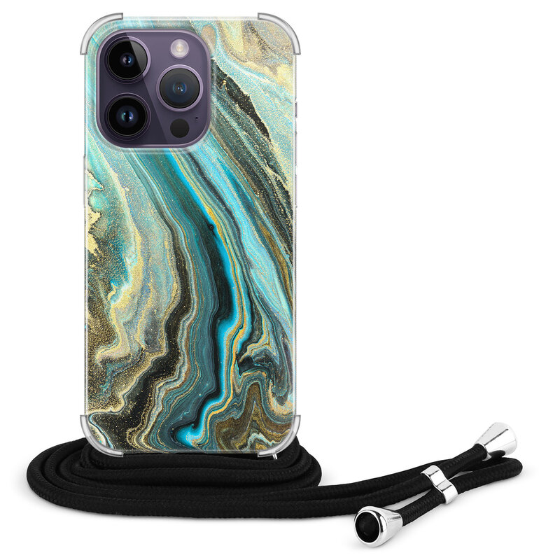Leuke Telefoonhoesjes iPhone 14 Pro Max hoesje met koord - Marmer mint