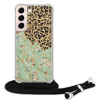 Leuke Telefoonhoesjes Samsung Galaxy S22 hoesje met koord - Luipaard flower print