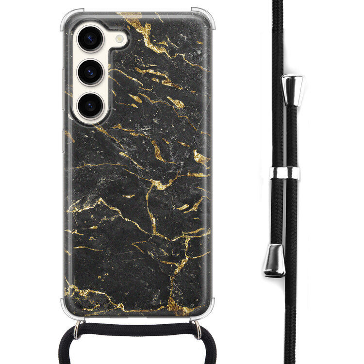 Leuke Telefoonhoesjes Samsung Galaxy S23 hoesje met koord - Marmer zwart goud