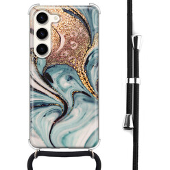 Leuke Telefoonhoesjes Samsung Galaxy S23 hoesje met koord - Marmer blauw swirl