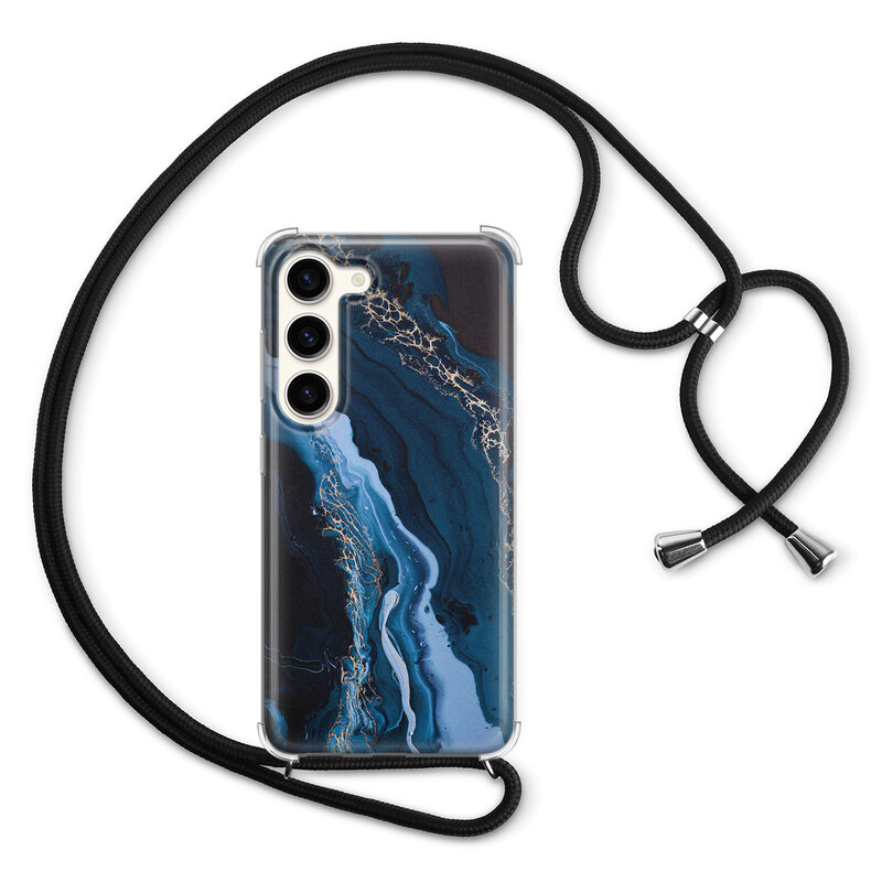 Leuke Telefoonhoesjes Samsung Galaxy S23 hoesje met koord - Marmer lagoon blauw