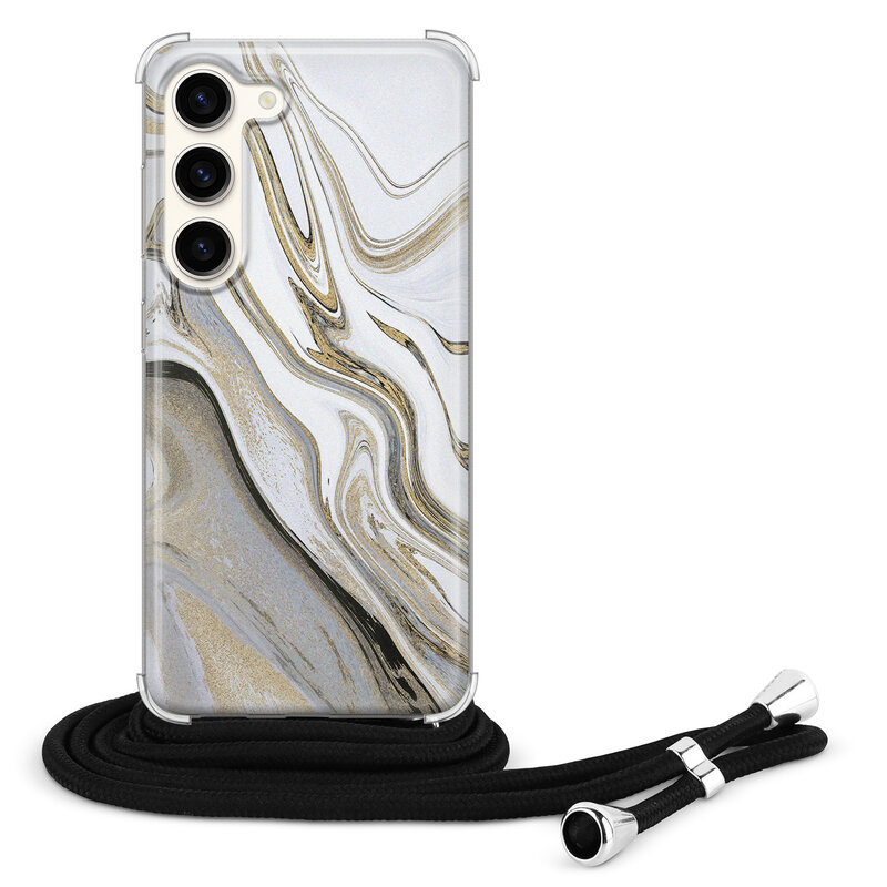 Leuke Telefoonhoesjes Samsung Galaxy S23 hoesje met koord - Marmer wit goud