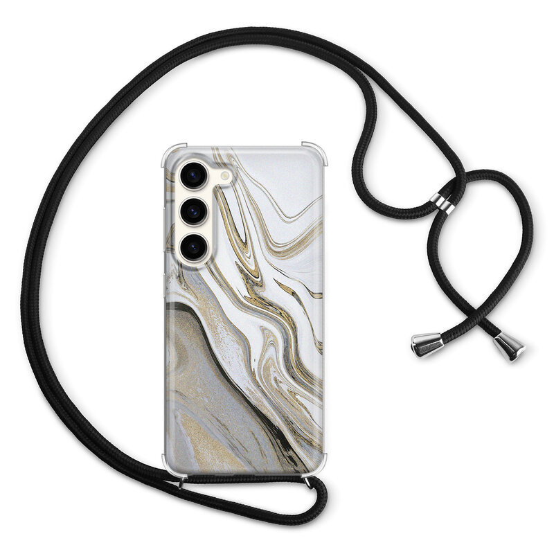 Leuke Telefoonhoesjes Samsung Galaxy S23 hoesje met koord - Marmer wit goud