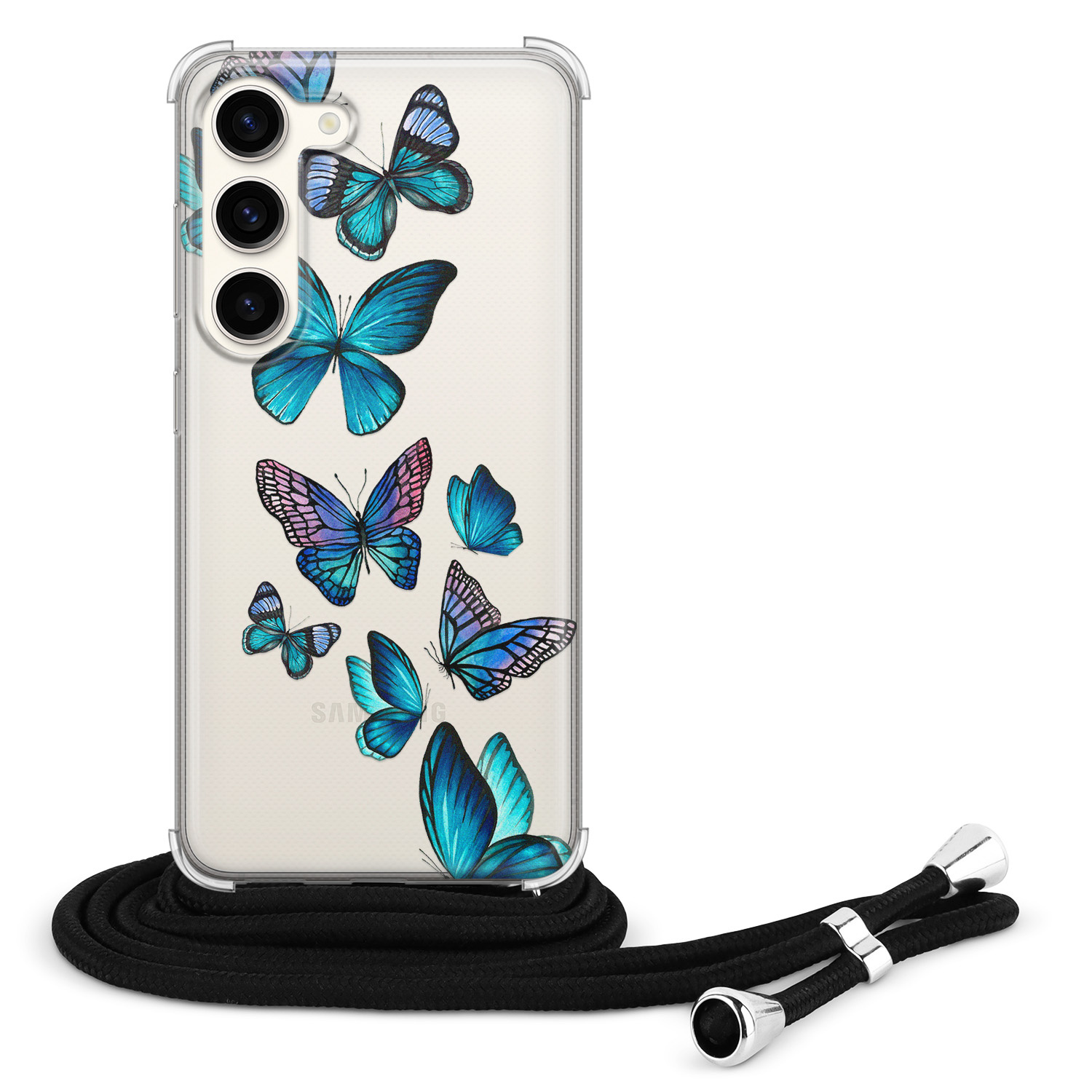 Leuke Telefoonhoesjes Samsung Galaxy S23 hoesje met koord - Vlinders blauw