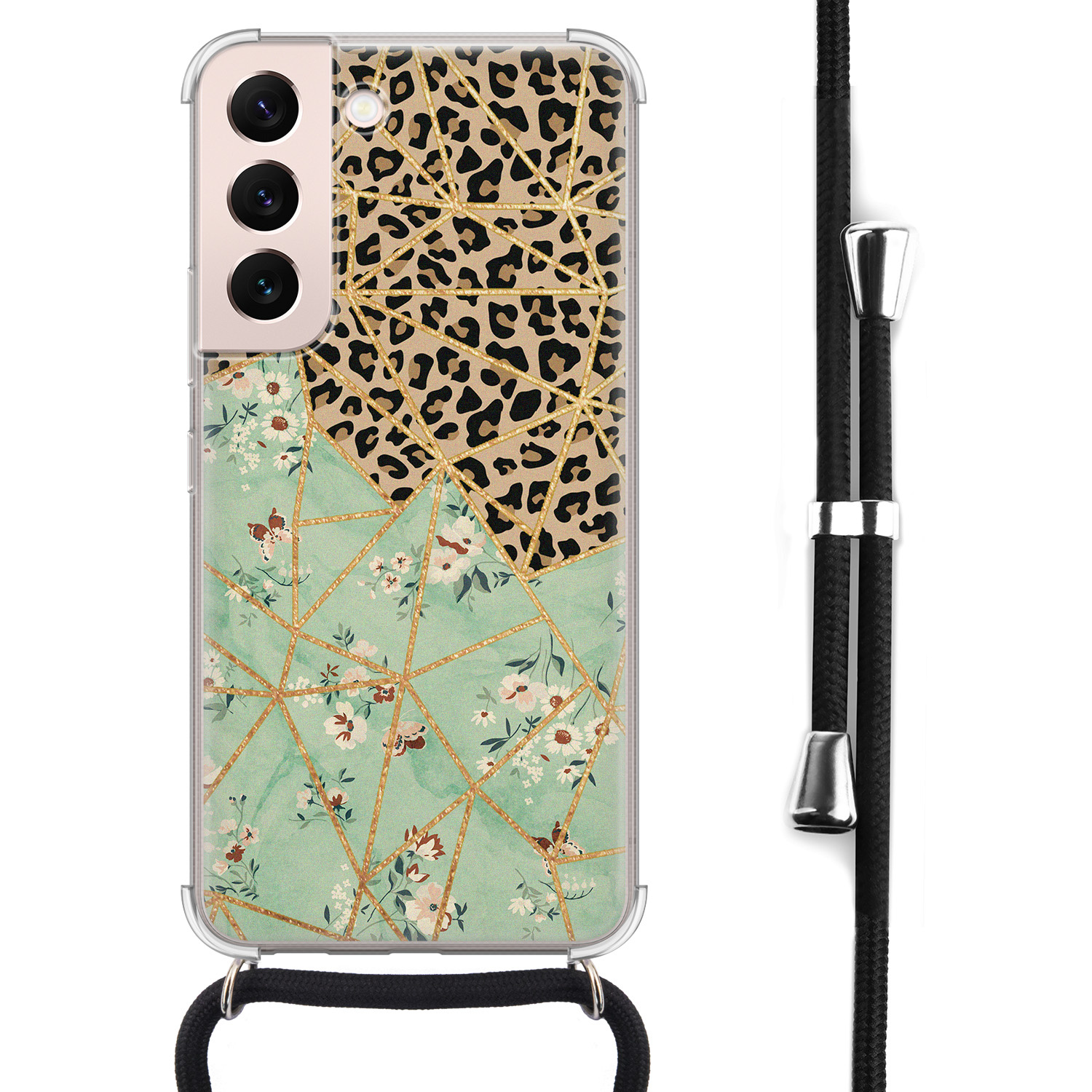 Leuke Telefoonhoesjes Samsung Galaxy S22 hoesje met koord - Luipaard flower print