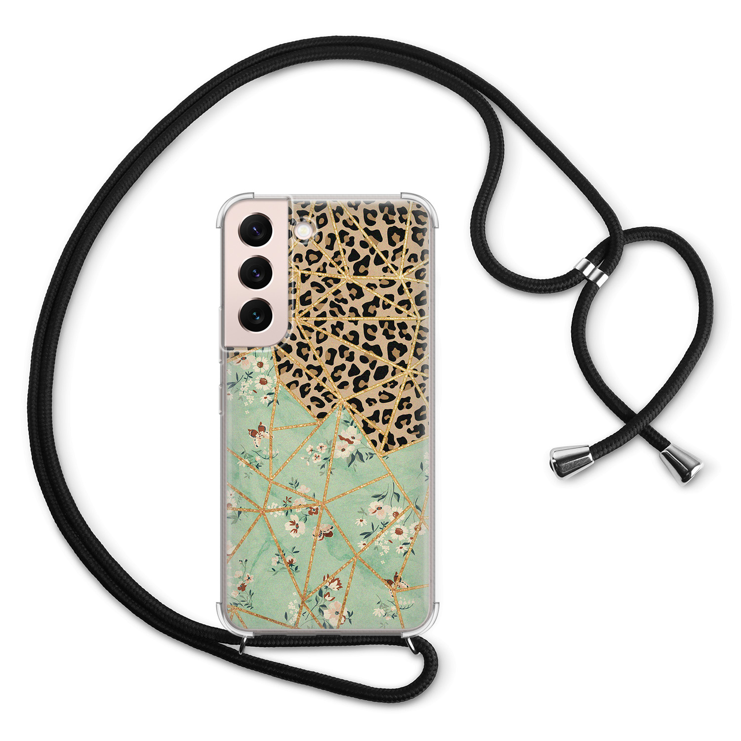 Leuke Telefoonhoesjes Samsung Galaxy S22 hoesje met koord - Luipaard flower print