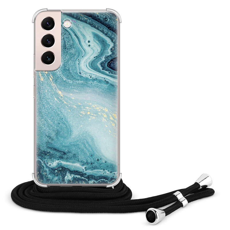 Leuke Telefoonhoesjes Samsung Galaxy S22 hoesje met koord - Marmer blauw