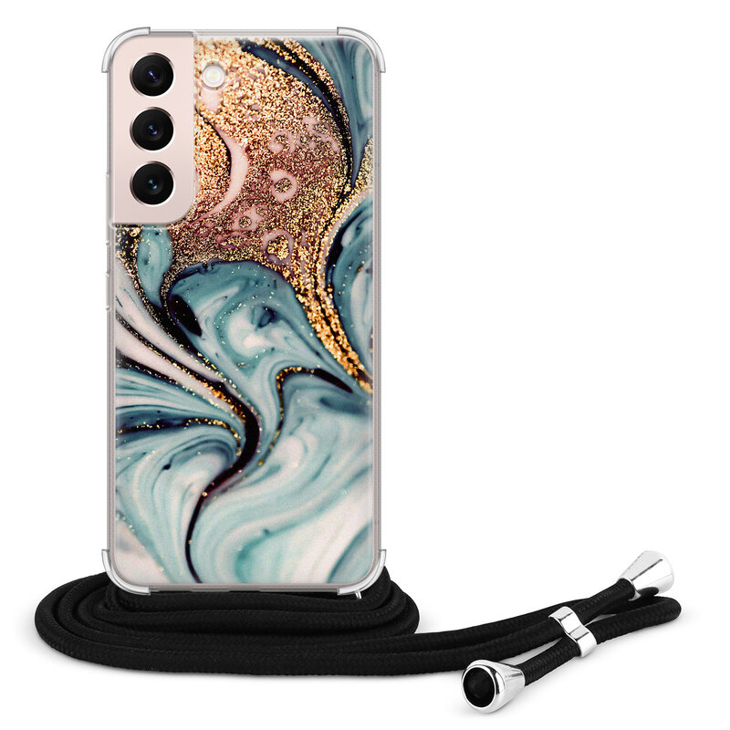 Leuke Telefoonhoesjes Samsung Galaxy S22 hoesje met koord - Marmer blauw swirl