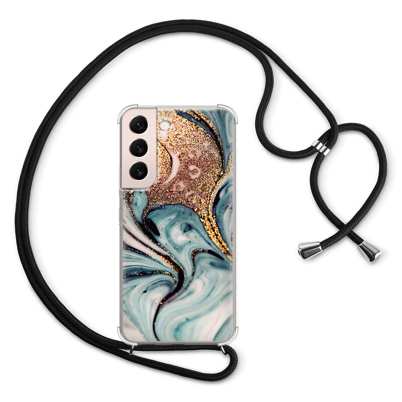 Leuke Telefoonhoesjes Samsung Galaxy S22 hoesje met koord - Marmer blauw swirl