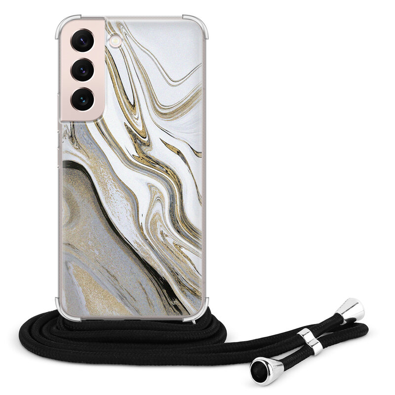 Leuke Telefoonhoesjes Samsung Galaxy S22 hoesje met koord - Marmer wit goud