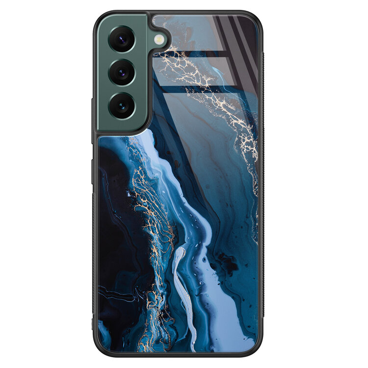 Leuke Telefoonhoesjes Samsung Galaxy S22 glazen hardcase - Marmer kobaltblauw