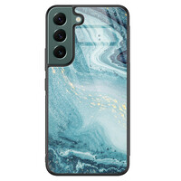 Leuke Telefoonhoesjes Samsung Galaxy S22 glazen hardcase - Marmer blauw