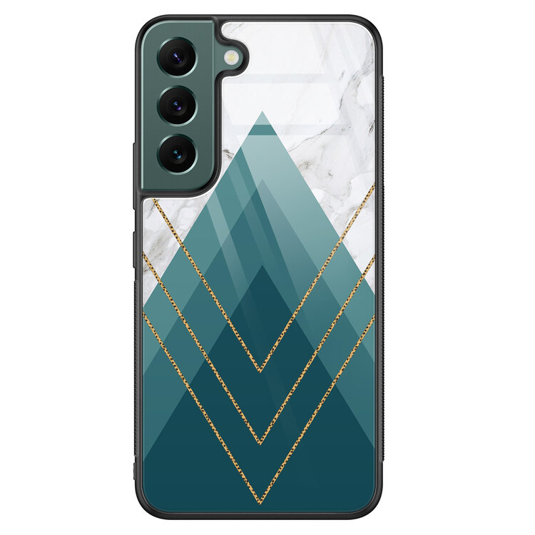 Leuke Telefoonhoesjes Samsung Galaxy S22 glazen hardcase - Geometrisch blauw