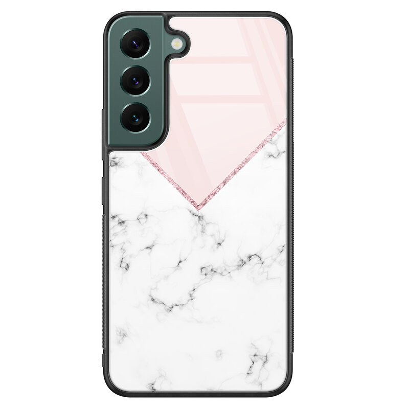 Leuke Telefoonhoesjes Samsung Galaxy S22 glazen hardcase - Marmer roze grijs