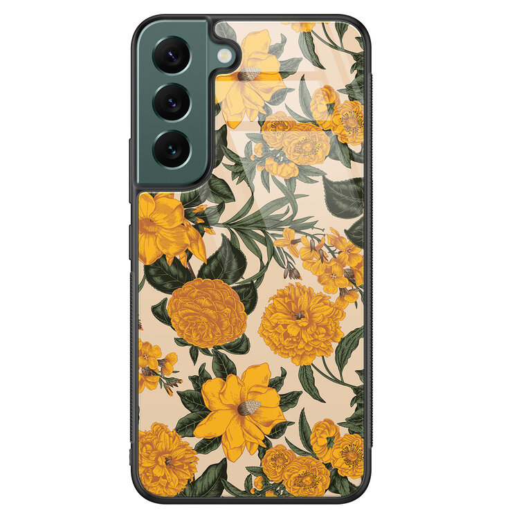 Leuke Telefoonhoesjes Samsung Galaxy S22 glazen hardcase - Retro flowers