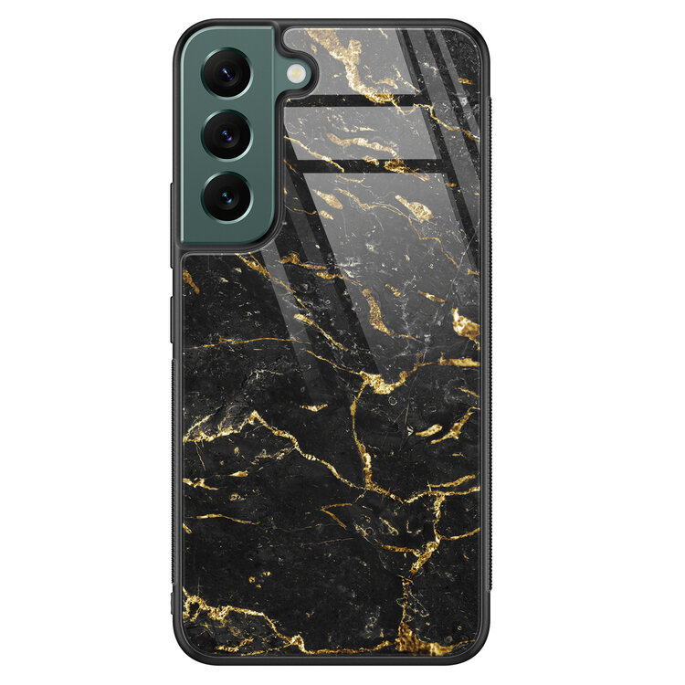 Leuke Telefoonhoesjes Samsung Galaxy S22 glazen hardcase - Marmer zwart goud