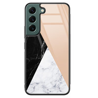 Leuke Telefoonhoesjes Samsung Galaxy S22 glazen hardcase - Marmer zwart bruin