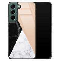 Leuke Telefoonhoesjes Samsung Galaxy S22 glazen hardcase - Marmer zwart bruin