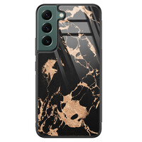 Leuke Telefoonhoesjes Samsung Galaxy S22 glazen hardcase - Marmer zwart brons