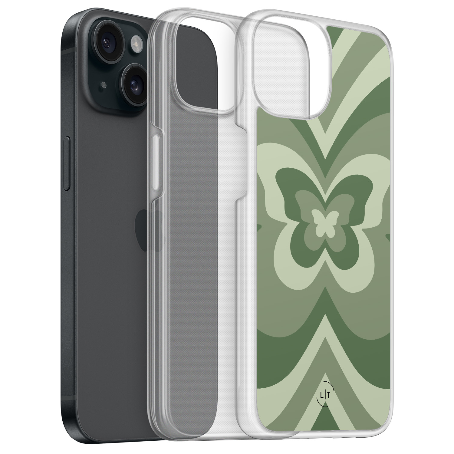 Leuke Telefoonhoesjes iPhone 15 hybride hoesje - Retro vlinder groen