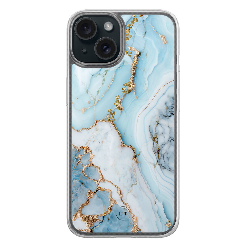 Leuke Telefoonhoesjes iPhone 15 hybride hoesje - Marmer babyblauw