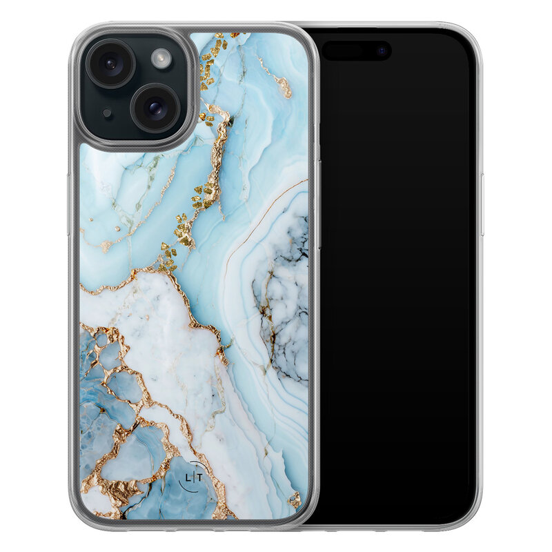 Leuke Telefoonhoesjes iPhone 15 hybride hoesje - Marmer babyblauw
