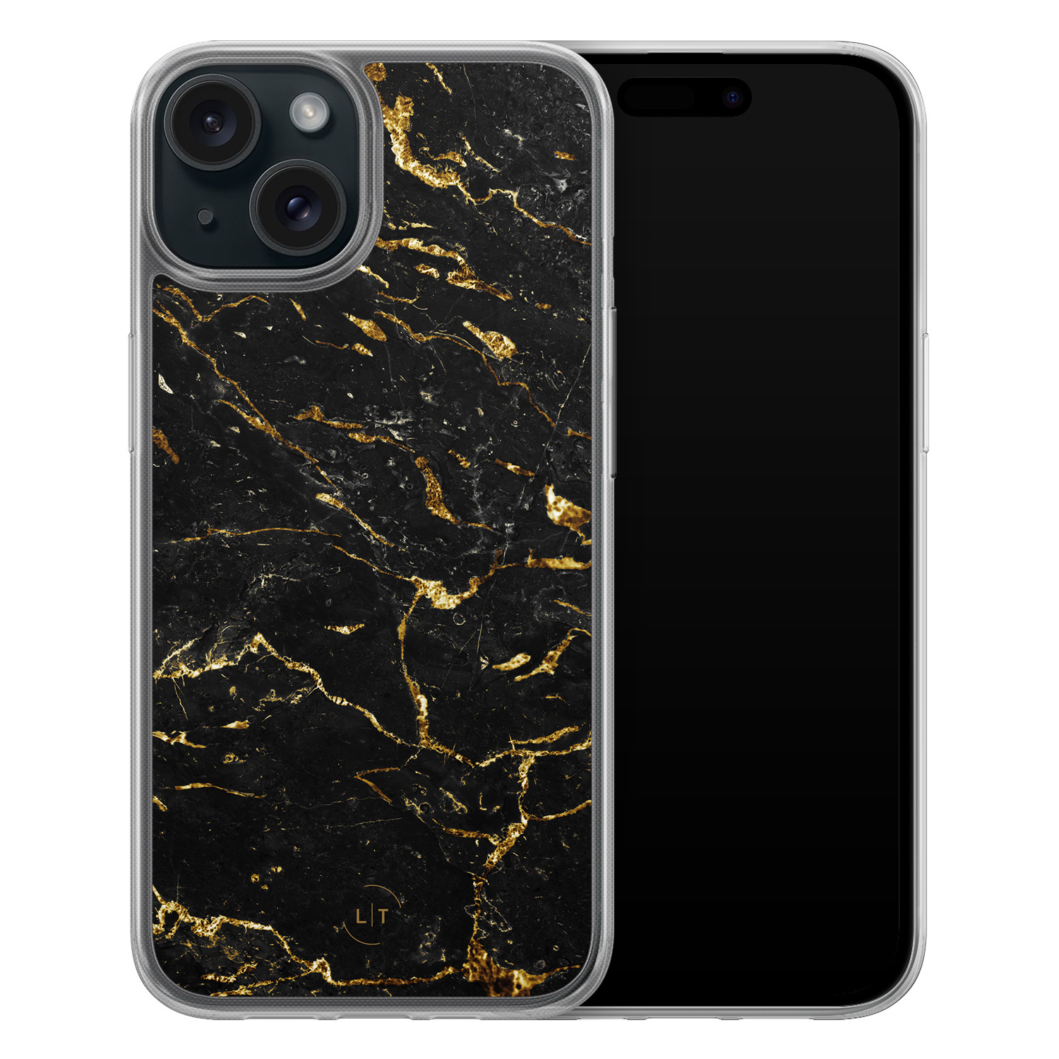Leuke Telefoonhoesjes iPhone 15 hybride hoesje - Marmer zwart goud
