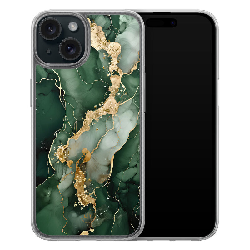 Leuke Telefoonhoesjes iPhone 15 hybride hoesje - Marmer groen goud