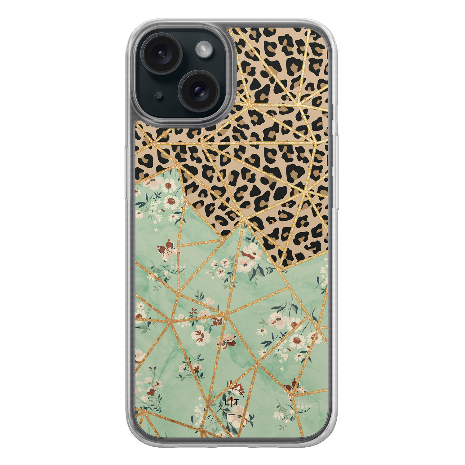 Leuke Telefoonhoesjes iPhone 15 hybride hoesje - Luipaard flower print
