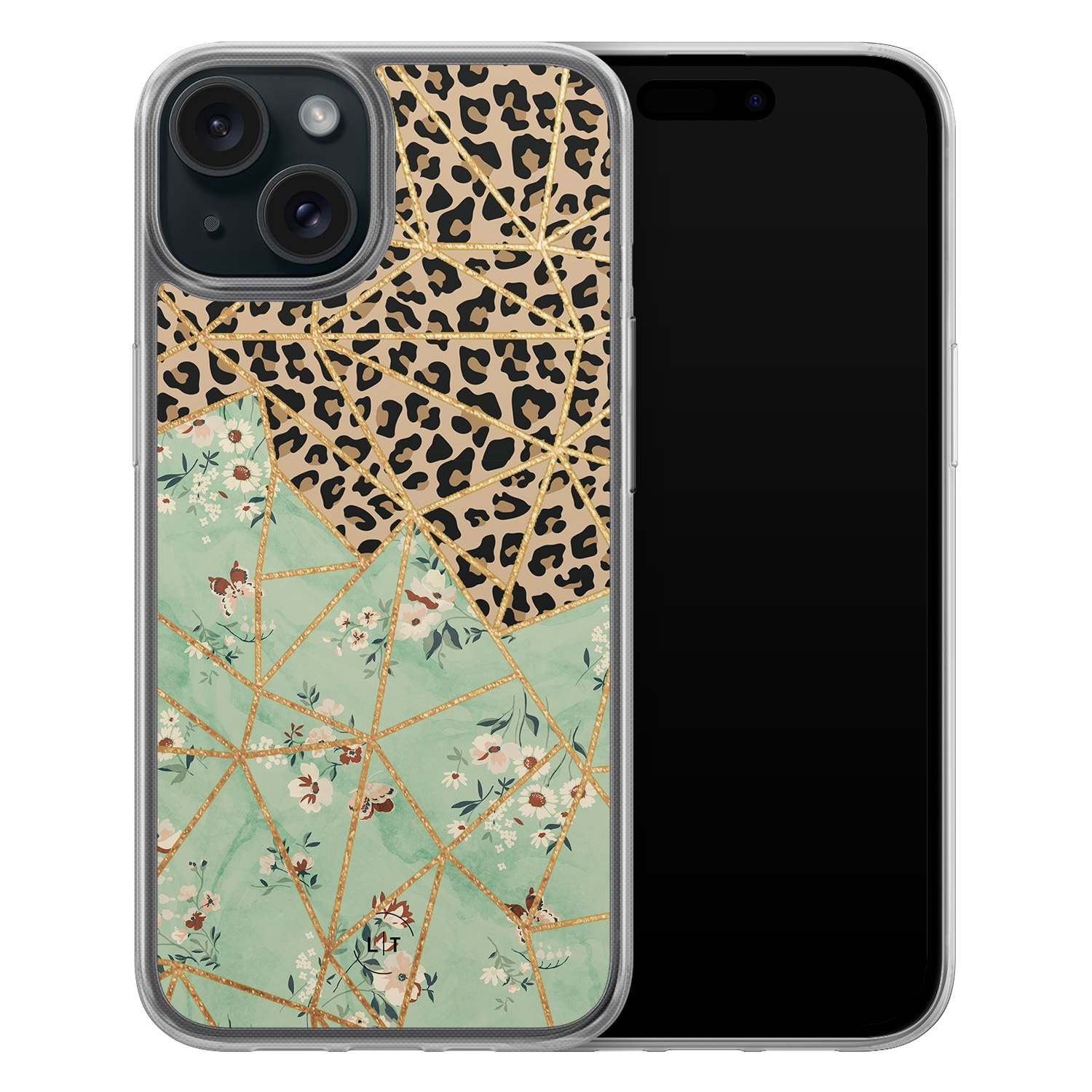 Leuke Telefoonhoesjes iPhone 15 hybride hoesje - Luipaard flower print