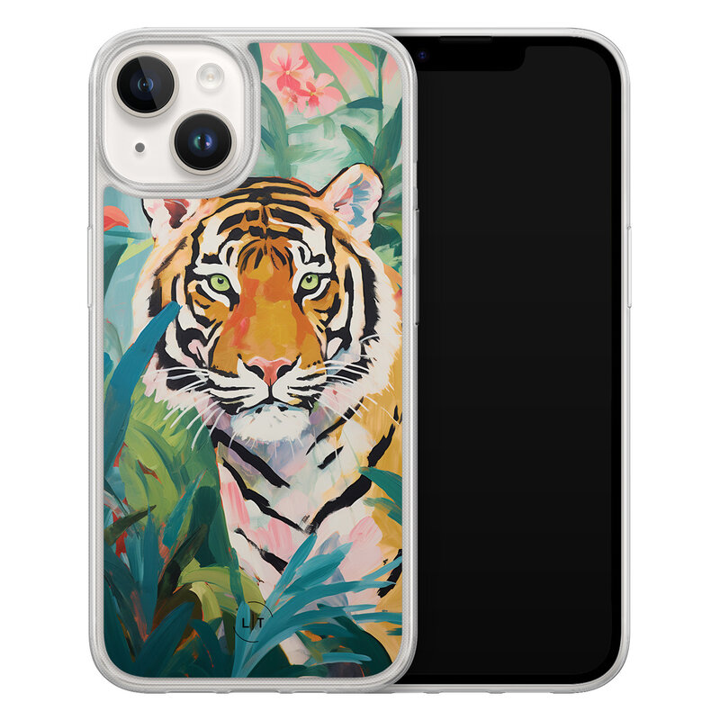 Leuke Telefoonhoesjes iPhone 14 hybride hoesje - Tijger in de jungle
