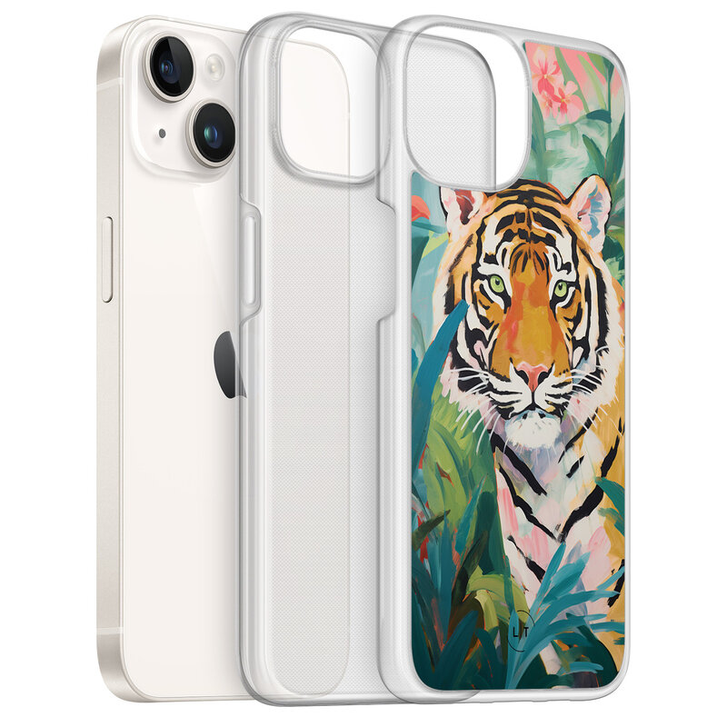 Leuke Telefoonhoesjes iPhone 14 hybride hoesje - Tijger in de jungle