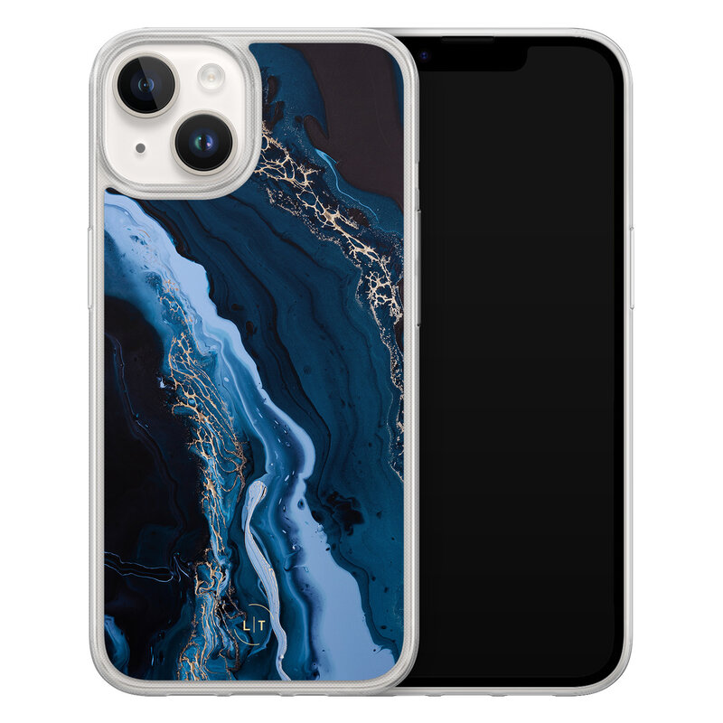 Leuke Telefoonhoesjes iPhone 14 hybride hoesje - Marmer lagoon blauw
