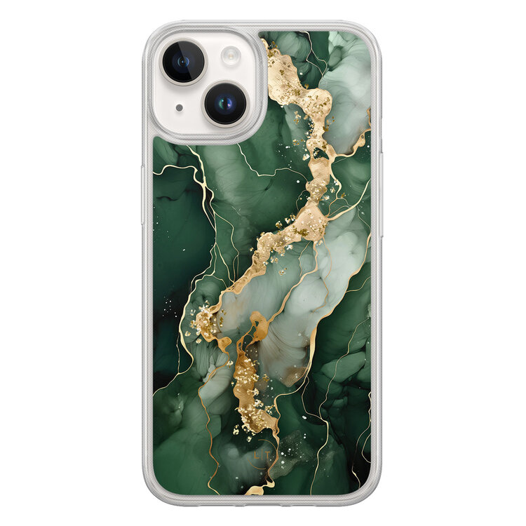 Leuke Telefoonhoesjes iPhone 14 hybride hoesje - Marmer groen goud