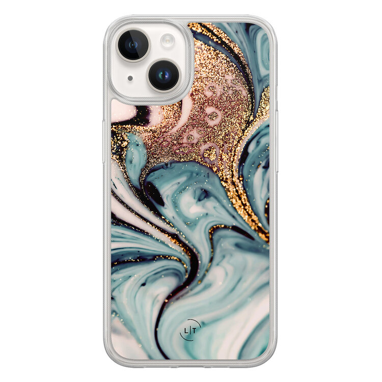 Leuke Telefoonhoesjes iPhone 14 hybride hoesje - Marmer blauw goud