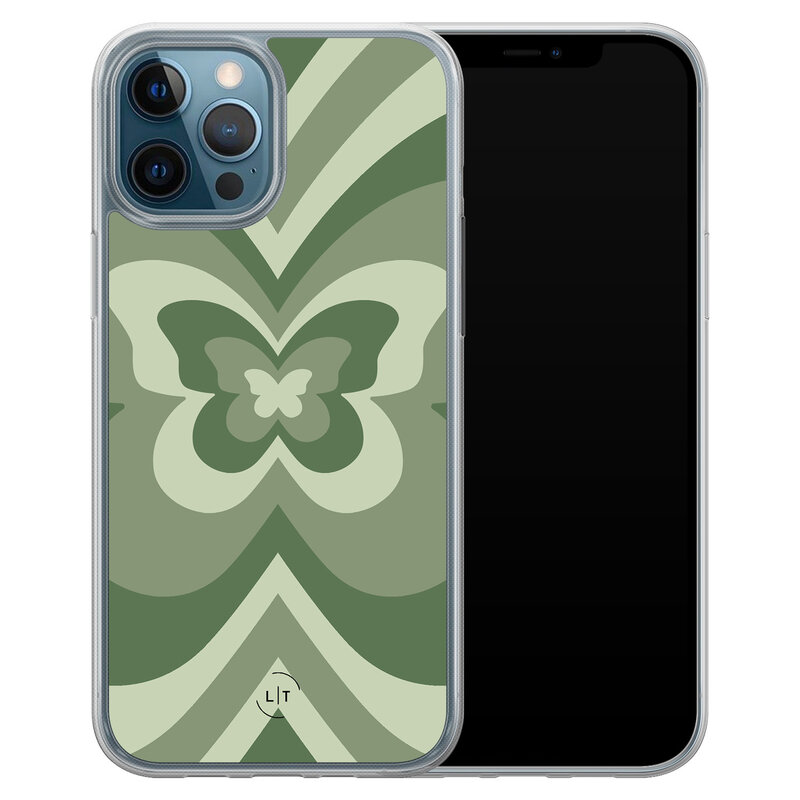 Leuke Telefoonhoesjes iPhone 12 (Pro) hybride hoesje - Retro vlinder groen