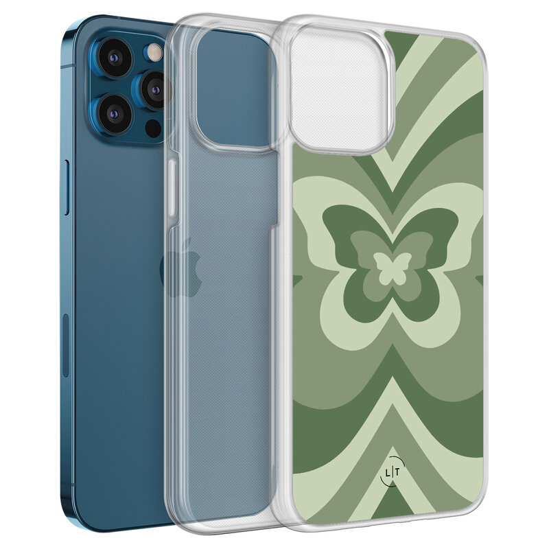 Leuke Telefoonhoesjes iPhone 12 (Pro) hybride hoesje - Retro vlinder groen
