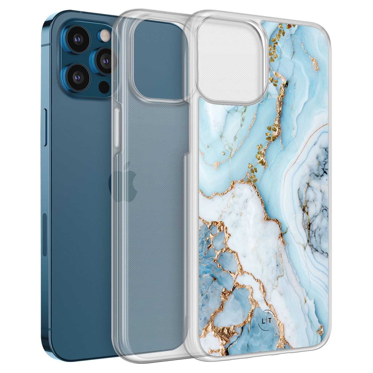Leuke Telefoonhoesjes iPhone 12 (Pro) hybride hoesje - Marmer babyblauw