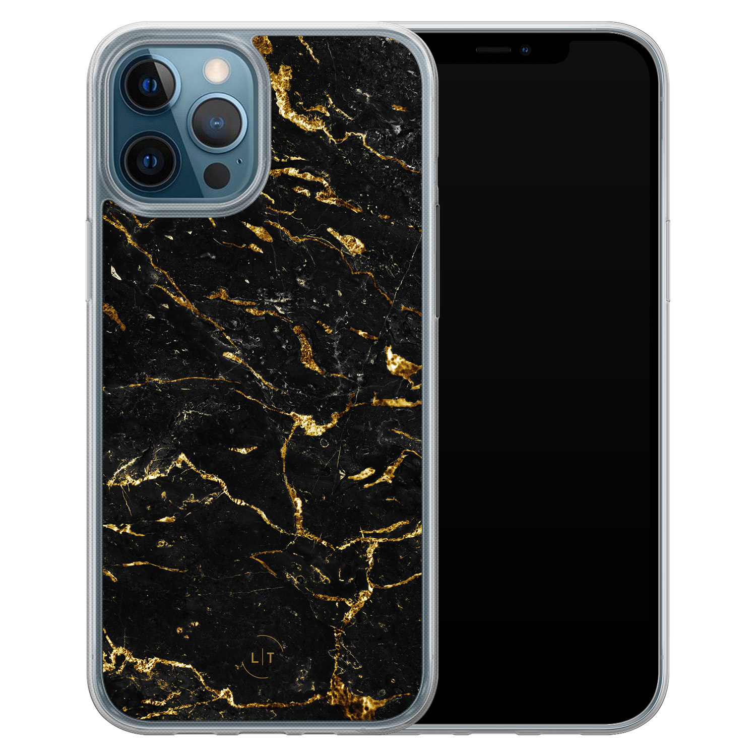 Leuke Telefoonhoesjes iPhone 12 (Pro) hybride hoesje - Marmer zwart goud